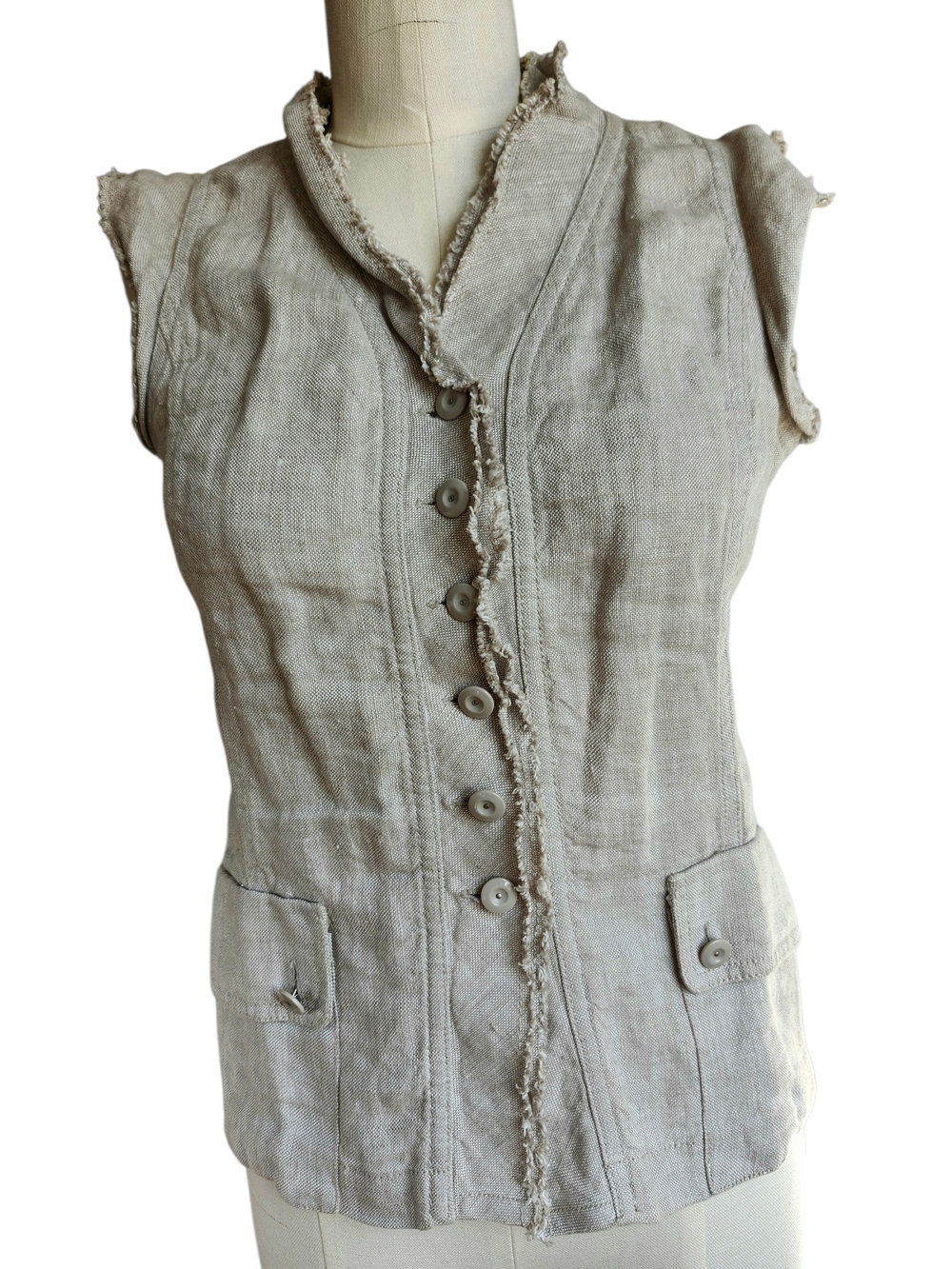 Philippe Adec Beige Linen Frayed-Edge Button Front Vest 4